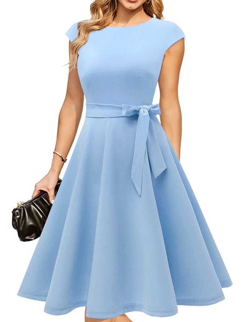 DRESSTELLS Cocktail Womens Dresses for Wedding Guest Semi Formal Spring Easter Summer Vintage Tea Party Modest Western Church Midi Dress Pastel Blue L - Image 1